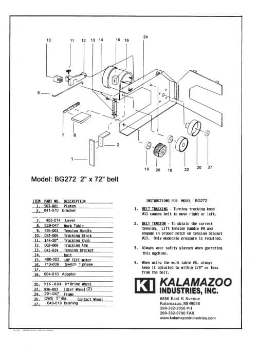 BG272 2 x 72 inch belt grinder replacement parts list, BG272 2 x 72 inch industrial belt grinder parts list, industrial belt grinder, belt grinder, belt, grinder